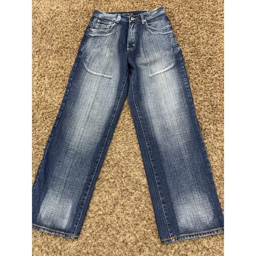 Basic Code Jeans Blue Distressed Denim Baggy Wide Y2K Street Skate Mens 32x34
